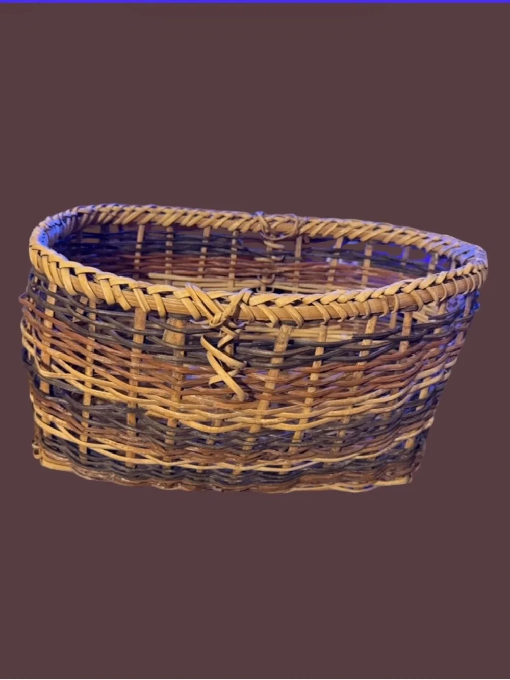 Vintage~Basket~Multi Tone Oval Willow~Rustic~Handcrafted~Stick Reed Construction